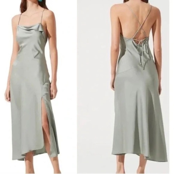 NWOT ASTR The Label Gaia Midi Dress S Light Sage Satin Chic Slit - Picture 6 of 6